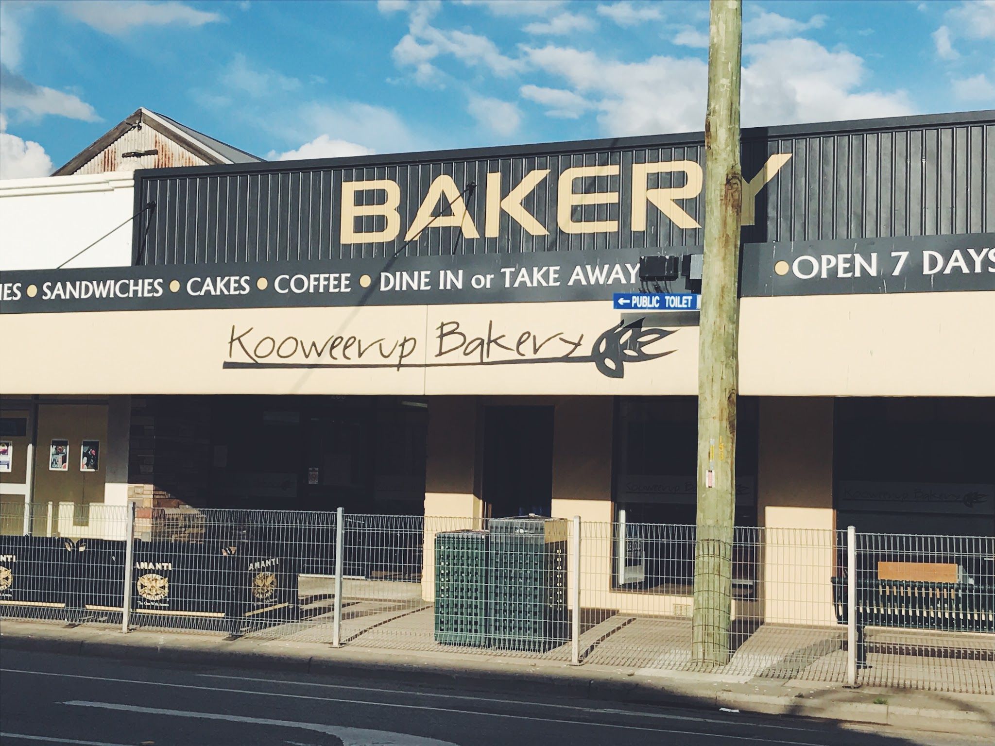 Kooweerup Bakery Cafe shopfront street view under clear blue sky