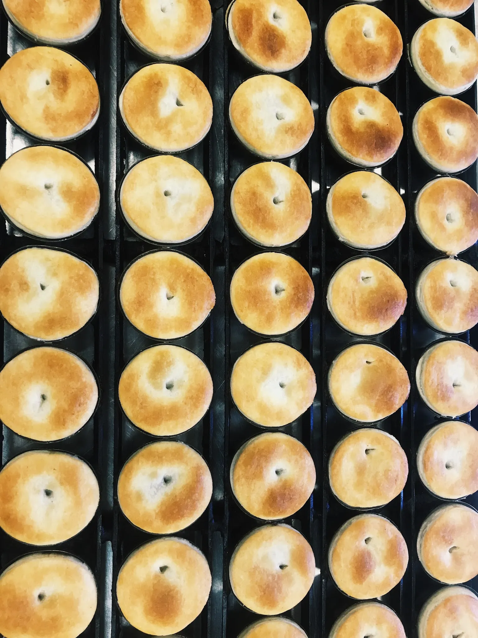 Rows of freshly baked golden pies cooling on a wire rack