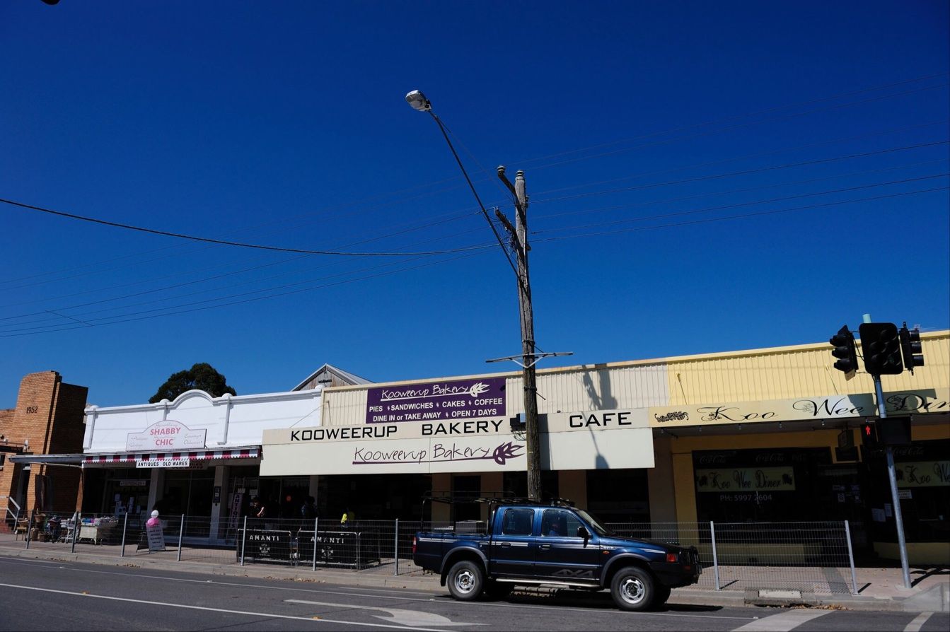 Kooweerup Bakery Cafe shopfront street view under clear blue sky